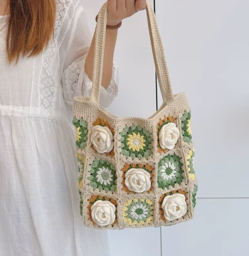 Granny Square Single-Shoulder Hand-Knitted Bag DIY Kit, Camellia Design Yarn Crochet Gift for Girlfriend