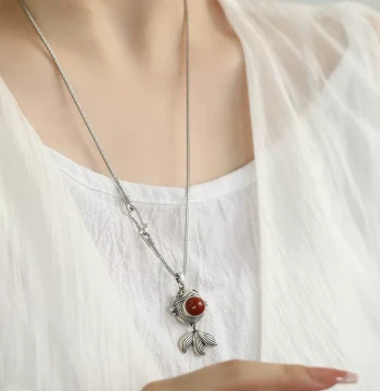 925 Silver Retro New Chinese Style Wealth-Attracting Lucky Little Fat Fish Koi Pendant - Necklace with South Red Agate, Premium Feel