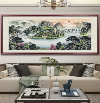 Sunrise Over Mountains Chinese Landscape Painting Living Room Wall Art Traditional Office Decor Hand-Painted Backing Mountain Wealth-Attracting Mural