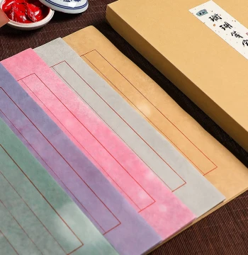 Shuiyun Pavilion Coral Paper for Small Regular Script Calligraphy, Semi-sized Xuan Paper with Vertical Red Lines, 8-Column Ancient Style Daily Practice Sheet for Brush Writing and Copybook Exercises