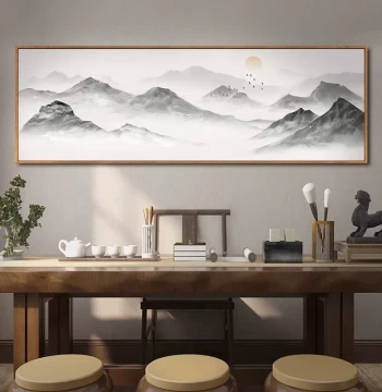 New Chinese Zen Tea Room Decorative Painting, Living Room Sofa Background Wall Art, Mountain Landscape 'Backer' Picture, Office Mural