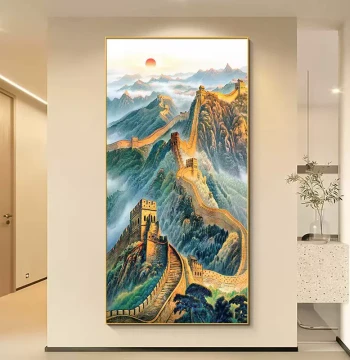 Great Wall Hanging Painting: Living Room Entryway Decor, Office 'Backing Mountain' Vertical Mural, Chinese Style Entrance Landscape Art