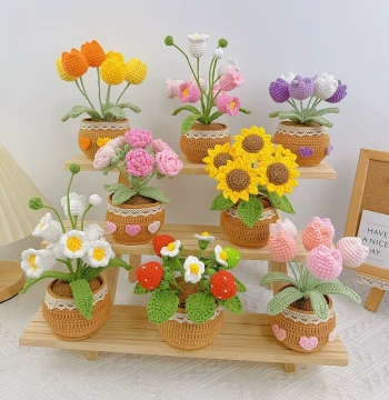 Hand-Knitted Bouquet Potted Plant Kit: Sunflower, Tulip, and Yarn Rose DIY Creative Gift