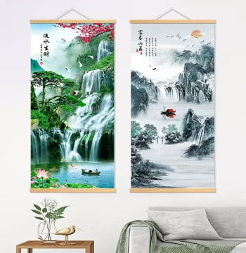 New Chinese-Style Landscape Painting with Flowing Water, Welcoming Pine, and Feng Shui Wealth Symbols for Living Room, Entryway, or Office