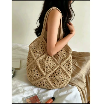 DIY Hand-Crochet Granny Square Shoulder Bag Kit, Large Capacity Hollow Design with 2mm Hollow Cotton Yarn