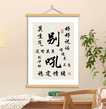 'Don't Yell' Calligraphy Art Print for Office or Study Decor; 'Speak Kindly, Control Emotions' Scroll Painting for Living Room or Bedroom