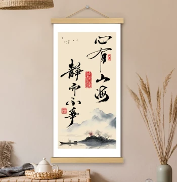"Heart Holds Mountains and Seas" Hanging Scroll - Cultural Creative Calligraphy Art for Study or Office Wall Decoration