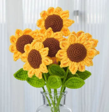 Sunflower Hand-Knitted Yarn DIY Crochet Material Kit, Crocheted Bouquet of Daisy Flowers, Homemade Gift