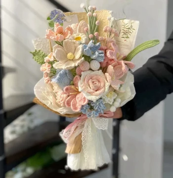 Hand-Crochet DIY Jasmine and Rose Yarn Bouquet, Handheld Flower Material Kit, Homemade Gift for Girlfriend