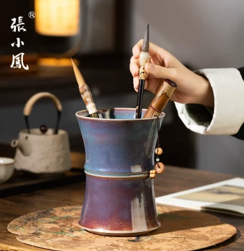 Zhang Xiaofeng Jun Porcelain Bamboo Section Brush Holder, Large Capacity Calligraphy Brush Organizer, Premium Yuzhou Kiln-Transformed Glaze Scholar's Studio Decor, Office Gift Box