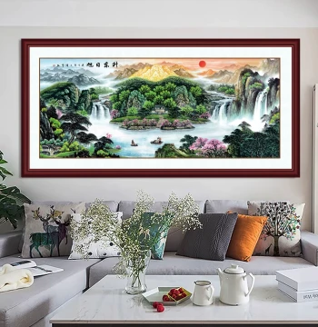 Living Room Landscape Wall Sticker, Backing Mountain Map, Office Background Wall, Treasure Bowl Hanging Painting, Entrance Hall Rising Sun Decorative Art
