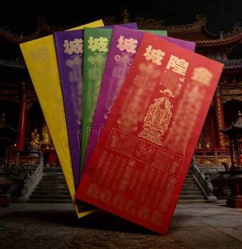 New City God Five-Color Gold-Stamped Paper, Hand-Folded Taoist Ritual Fire Offering Ingots with Residual Characters After Burning