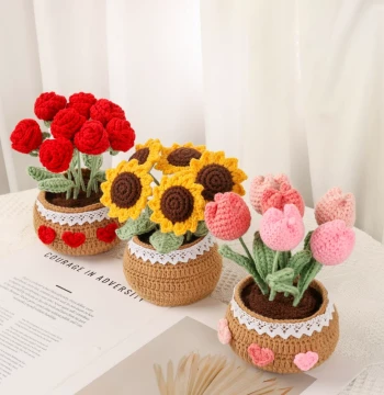 Hand-Woven DIY Yarn Flower Bouquet Kit - Crochet Sunflower Potted Plant for Homemade Decor and Preserved Flower Gifts