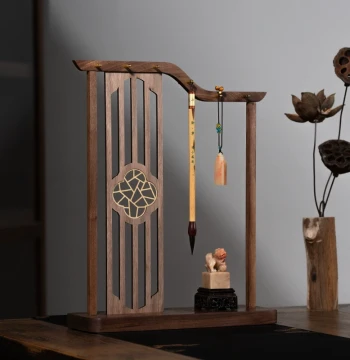 Walnut Wood and Brass Screen-Style Brush Rest - Modern Chinese Scholar's Desk Decor