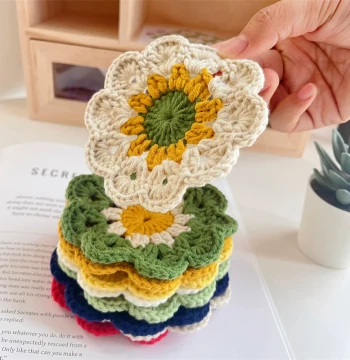Handmade DIY Flower Coaster Heat Insulation Pad Crochet Milk Cotton Yarn Craft Kit with Materials and Finished Gift