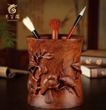 Mufangge Rosewood Carved Pen Holder with 'Joy on Eyebrows' Design, Large Study or Office Decorative Craft, Four Treasures of the Study