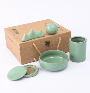 Premium Yubaoge Celadon Ge Kiln Meishu 5-Piece Set Four Treasures of the Study Gift Box Brush Set Porcelain Study Decor