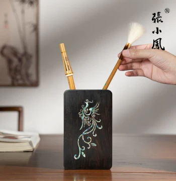 Zhang Xiaofeng Pen Holder Solid Purple Sandalwood with Copper Inlay Four Treasures of the Study Brush Desktop Stationery Minimalist Ornament Light Luxury Premium Creative Collectible Gift Storage Box Office