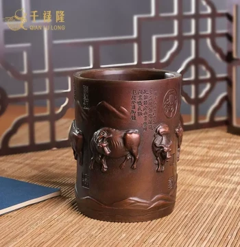Qianlulong Brass Five Blessings Ox Pen Holder, Study Room Copper Ornament, Office Desk Scholar's Decor, Teacher Gift