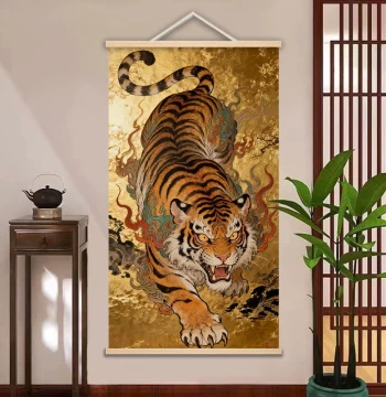 Chinese Painting of a Fierce Tiger Descending the Mountain - Entryway Decor for Living Room or Office, Wall Art Mural for Home Protection and Prosperity