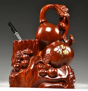 Rosewood Carved Gourd Brush Holder – Solid Wood Decor for Office, Study, or Living Room