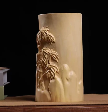 Yueqing Huangyang Wood Carving 'Rising Step by Step' Tree Design Brush Holder; Solid Wood Four Treasures of the Scholar Storage for Study Decor and Ornament