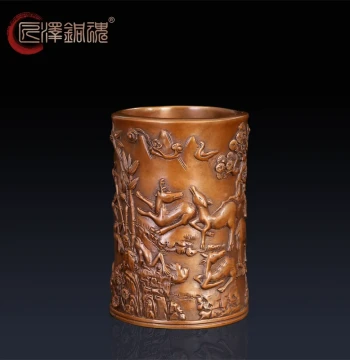 Jiangze Copper Soul Pine, Deer, and Grass Pen Holder in Purple Copper, Pure Copper Stationery for Office and Business Study Decor