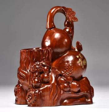 Rosewood Carved Gourd Pen Holder Ornament, Solid Wood Stationery for Office and Study, Home Living Room Craft Gift