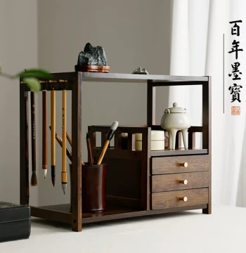 Nan Bamboo 'Yunqi' Storage Rack: Creative Organizer for Four Treasures of the Study, 3-Drawer Brush Holder, Multi-functional Desktop Stand for Study, Living Room, or Art Studio