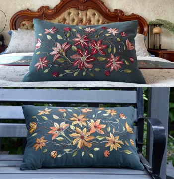 Clematis Lumbar Pillow DIY Kit - European Embroidery Home Decor with Linen-Cotton Fabric & Tools