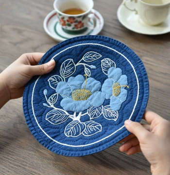 Camellia Handmade DIY Embroidery Kit: Indigo-Dyed Cotton Cloth, Traditional Fabric, Patchwork, and Appliqué Materials and Tools.