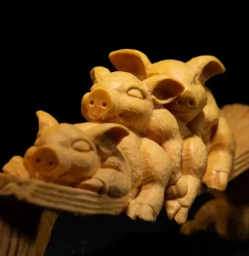Speed Boxwood 27cm Pig Sculpture Wood Animals Lucky Statue