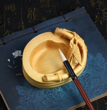 Boxwood Carving Four Treasures of the Study - Wooden Bamboo-Section Brush Washer and Ink Grinding Inkstone for Calligraphy, Chinese-Style Study Decor