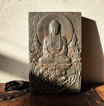 Chinese Retro Han Brick Carved Buddha Statue for Living Room and Study Decoration; Classical Study Furnishing, Home Tea Room Brick Carving Ornament.