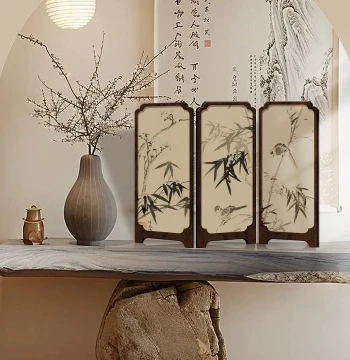 Vintage Style Ink Bamboo Mini Screen Desktop Ornament, New Chinese Office Tea Table Entryway Cabinet Decor, Retro Display Art