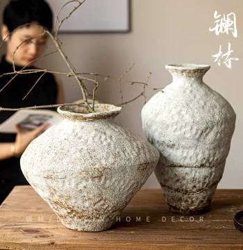 Lanlin Retro Ceramic Vase Wabi-Sabi Rough Pot New Chinese Style Handmade Homestay Decor Zen Rustic Snow on Great Wall