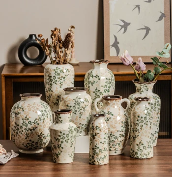 New Chinese Style Hand-Painted Floral Retro Ceramic Vase, Premium Rustic Living Room Decor, Hydroponic Flower Arrangement Vessel