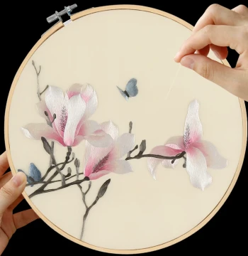 Su Embroidery DIY Kit for Beginners - Hand Embroidery Material Pack with Butterfly Stitch Pattern, Silk Thread, and Magnolia Design
