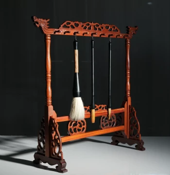 Premium Rosewood Pen Rack; Green Sandalwood Brush Hanger with 16 Pins; Four Treasures of the Study Ornament for Calligraphy Supplies