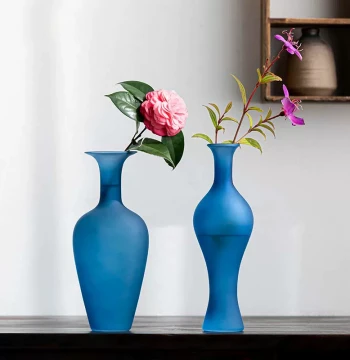 Imitation Song Dynasty Kingfisher Blue Jade Pure Vase, Frosted Glass Flower Vessel, Transparent Chinese Retro Scholar Study Tea Room Vase Decor