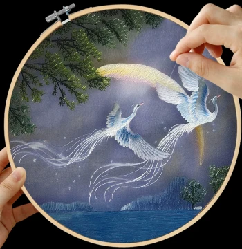 Su Embroidery DIY Kit, Self-Embroidery Material Pack for Beginners, Ancient Style Starter Stitches Featuring Phoenix, Flowers, and Birds