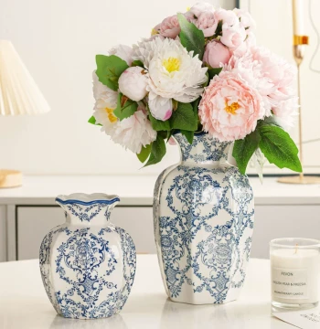 Premium Blue-and-White Porcelain Vase. Chinese Retro Home Decor for Living Room and Entryway Fresh Flower Arrangements.