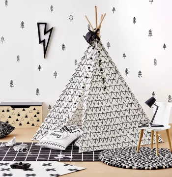 Indoor Tent: Black and White Striped Cotton Children's Teepee - Four-Corner Playhouse and Toy House
