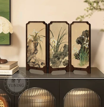 Vintage Style Ink Bamboo Mini Screen Desktop Ornament, New Chinese Office Tea Table and Entryway Cabinet Decor, Retro Display Painting