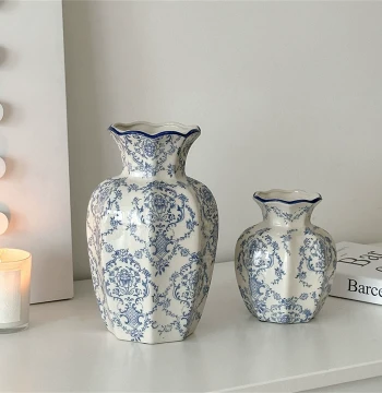New Chinese Vintage Blue and White Porcelain Vase, Ceramic Jar for Fresh Flowers like Peonies, Living Room Decor