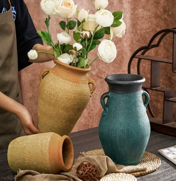 Rustic Pottery Vase Decor, Succulent Planter, New Chinese Style Living Room Arrangement for Dried or Fresh Flowers, Hydroponic Retro Earthenware Jar - Clearance Sale