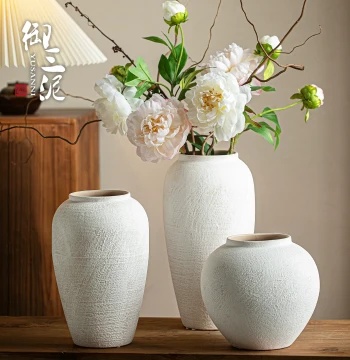 Jingdezhen Wabi-Sabi Style Vintage Ceramic Vase, New Chinese Living Room Flower Arrangement, White Minimalist Premium Pottery Ornament