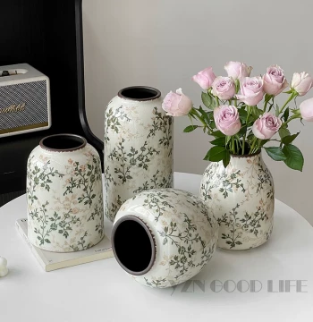 Floral Retro Ceramic Vase Ornament for Living Room Hydroponic Flower Arrangement, Creative Premium Countryside Style New Chinese Decor