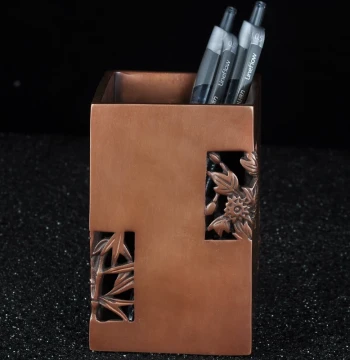 Purple Copper Pen Holder with Plum, Orchid, Bamboo, and Chrysanthemum Design, Square Bamboo Style Desktop Decor for Home Office and Business Gifts