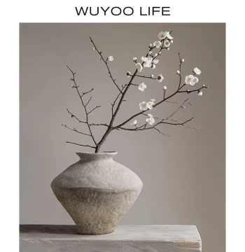 Wabi-Sabi Retro Zen Handmade Ceramic Vase, New Chinese Rustic Flower Vessel, Artistic Decor for Living Room and Hotel